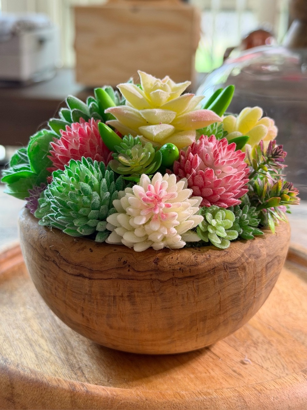 Handcrafted Faux Succulent Arrangement in Wooden Bowl (Glass Dome)